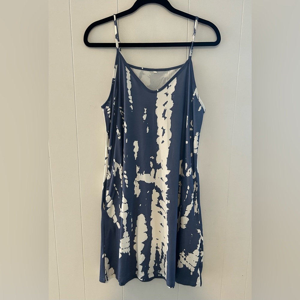 Blue and white print sundress/beach cover up. Size L.